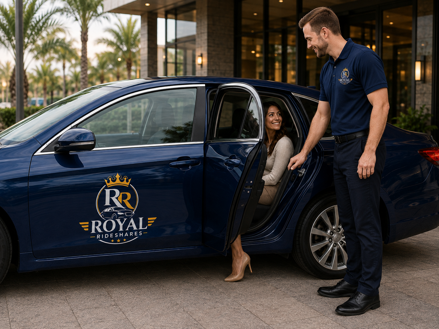 Royal Rideshares — a driver welcomes a rider into a branded Royal car